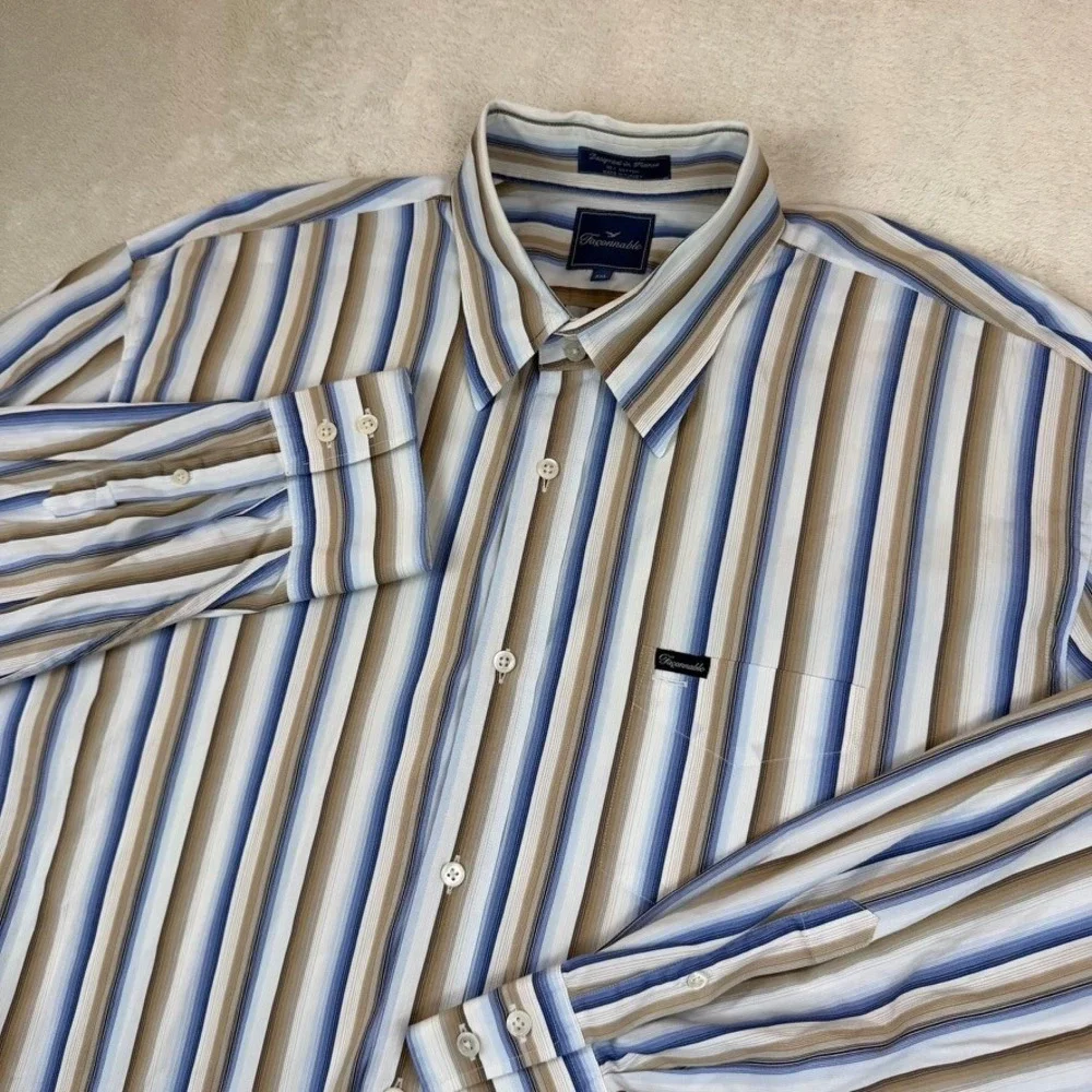 Faconnable Mens XXL Blue/Tan/White Striped Long Sleeve Button Down Cotton Shirt